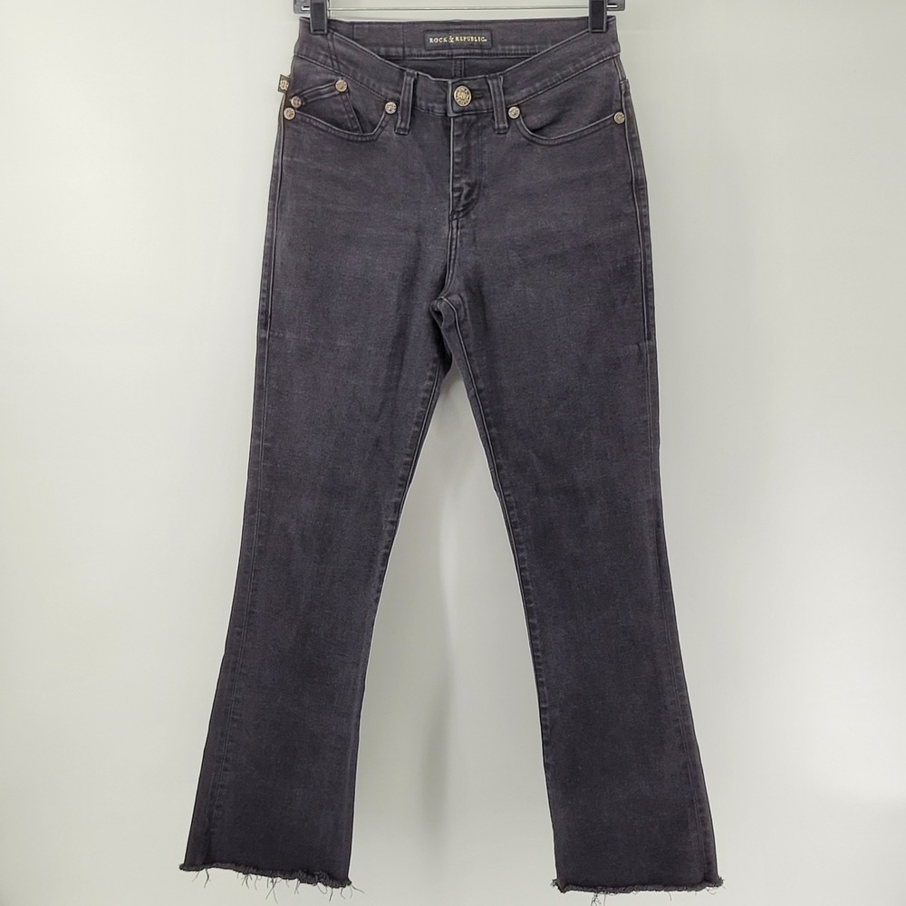 Rock & Republic Kendra Curvy Bootcut Jeans Womens 8 M Black Raw Hem R011781
